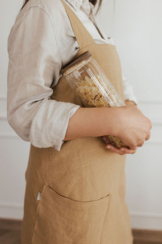 Karameļu virtuves lina priekšauts sievietēm ar kabatām sānos