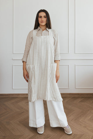 Sieviešu lina priekšauts, strīpains, bēšīgā krāsā