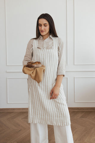 Women's linen apron with stripes -Cross back linen apron NUSS