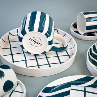 Espresso coffee cups with saucers in forest green tone - striped (Set of 2 pcs - 4 units)