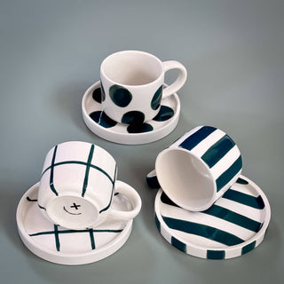 Espresso coffee cups with saucers in forest green tone - striped (Set of 2 pcs - 4 units)