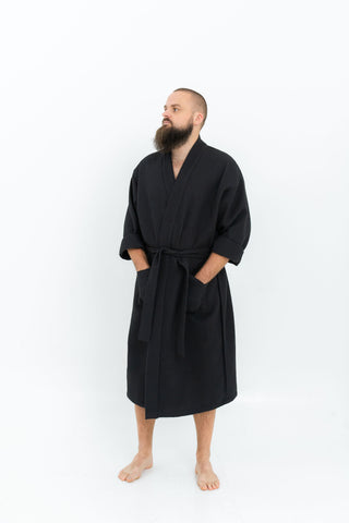 Vafeļauduma halāts melns vīriešu / waffle cotton robe for men in black colour