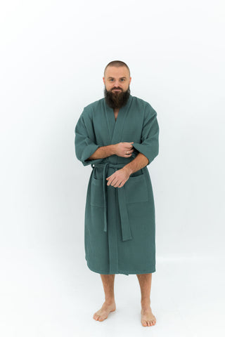 Vafeļauduma halāts vīriešiem zaļā krāsā / Nuss robe for men in petrol green 