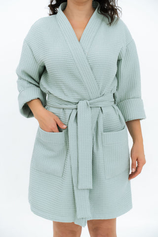 Short Waffle Cotton Robe for Women | Soft, Lightweight, Stylish, sage green sieviešu īss lux halāts mājai un pirtij