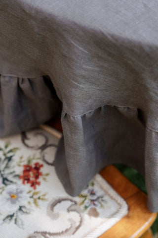 	Pelēka lina volāna un šuves detaļa tuvplānā uz apaļa galdauta	Close-up detail of grey linen ruffle and stitching on round tablecloth